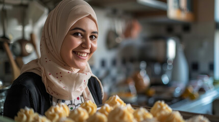 Fototapeta premium smiling woman in kitchen, showcasing delicious pastries