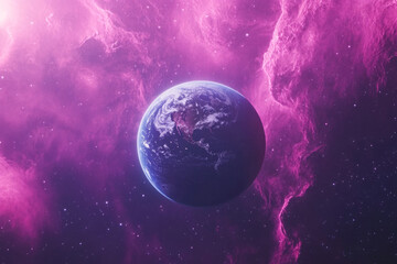 Obraz premium Earth in vibrant pink nebula space scene