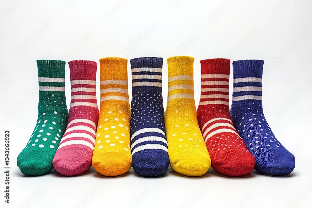 Poster colorful striped and polka dot socks arranged in a vibrant display showcasing various styles and col