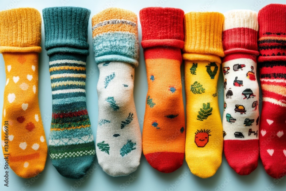 Poster colorful collection of cozy socks displayed on a pastel background featuring various patterns and de