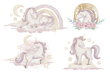 Watercolor set with magical Unicorns in pastel beige and pink colors, clouds, stars, and rainbows. Illustration of fairy tale horses with horn for childish greeting cards or kids invitations