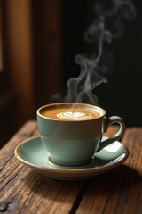 Rich aroma of freshly brewed espresso wafts from ceramic cup on old wooden table, coffee, table, wood