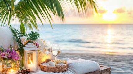 Obraz premium Paradise Found: A romantic beach scene at sunset, complete with sun loungers, wine glasses, and flowers. Capturing the essence of relaxation and blissful escape. 
