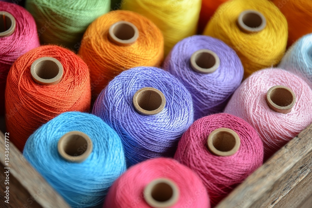 Poster colorful spools of thread arranged neatly in a wooden box at a craft studio in the afternoon light