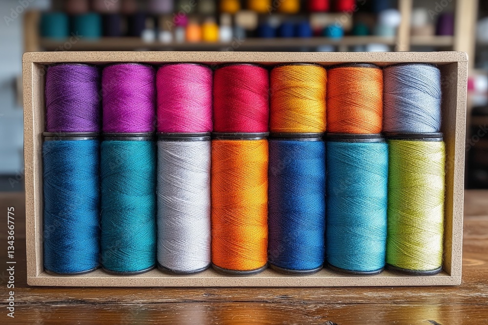 Poster Colorful thread spools arranged neatly in a wooden box on a table in a sewing studio with vibrant background threads