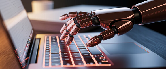 Close-up of robotic hand using laptop keyboard, showcasing technological advancement and automation in digital work, representing efficiency and future trends in technology
