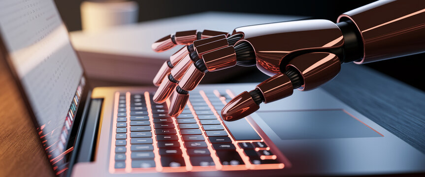 Close-up of robotic hand using laptop keyboard, showcasing technological advancement and automation in digital work, representing efficiency and future trends in technology