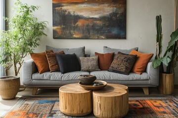 a cozy living room with modern furniture and a large piece of art on the wall
