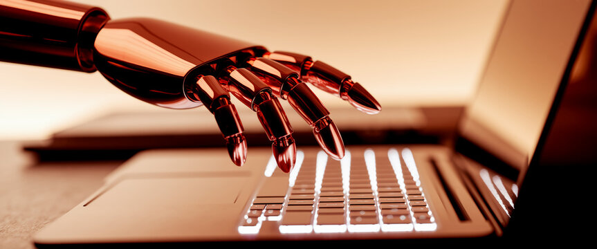 Metallic robotic hand hovering over laptop keyboard, showcasing technological advancement and automation concepts
