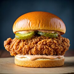A crispy fried chicken sandwich with pickles and tangy sauce, served on a soft brioche bun, Ai Generated