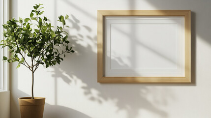 Wooden Frame Mockup with White Mat and Potted Plant in Bright Room  