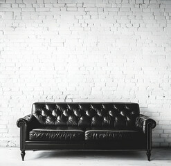Black leather sofa against a white brick wall background, black and white photography. 