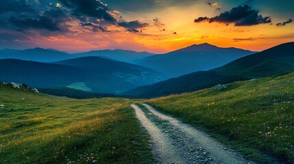 Serene Cross Road on Hillside Meadow in Mountain at Sunrise