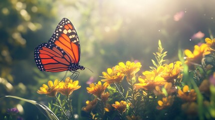 Butterfly on yellow flower with sunlight in the morning, nature background.