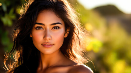 Naklejka premium Hispanic young female with long hair in nature during golden hour