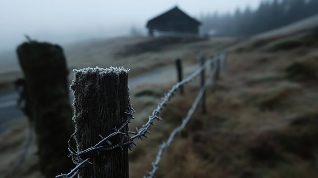 Rustic wooden fence post, frosted, fog, misty landscape