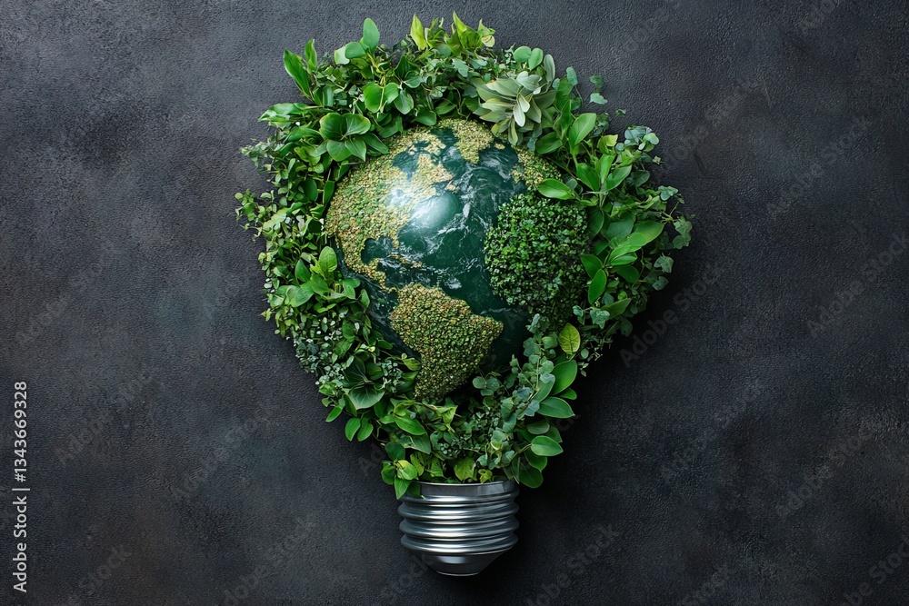 Poster creative concept showing a green globe surrounded by plants resembling a light bulb on a dark backgr