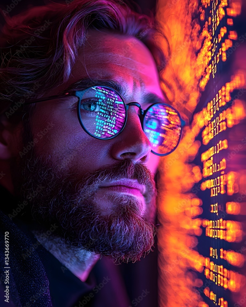 Poster focused software engineer debugging code on a glowing holographic interface