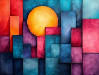 Fototapeta premium Vibrant geometric shapes playfully interact under warm golden light. AI Generated