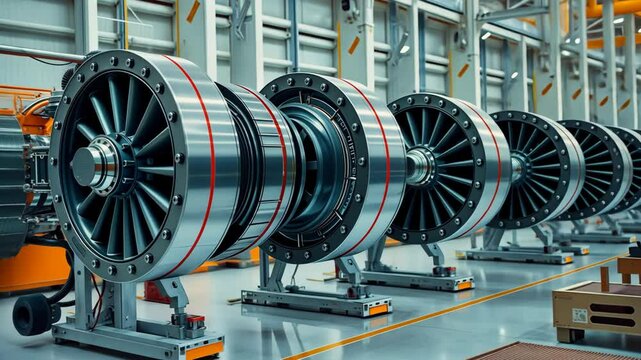 Rows of Sleek Silver Jet Engines in a Modern Factory Setting. Bright Lighting Illuminates the Precise Engineering and Clean Lines of the Powerful Turbines in an Assembly Line Environment
