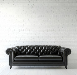 Black leather sofa against a white brick wall background, black and white photography. 