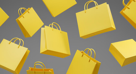 yellow shopping bag floating on grey background