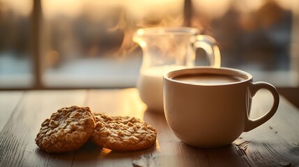 A steaming cup of coffee with oatmeal cookies by the window.