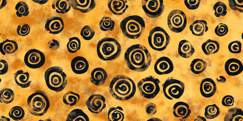 Abstract artistic pattern with swirling black circles on vibrant orange background