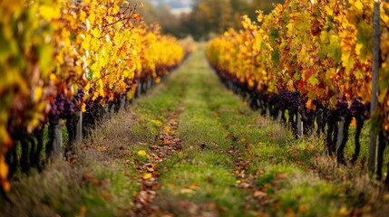 Autumn walk in Bordeaux vineyards red green and grapes