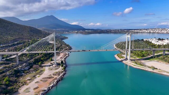 Aerial view of the new Evripus suspension bridge connecting the mainland and the city of Chalkida, Euboea island, Greece