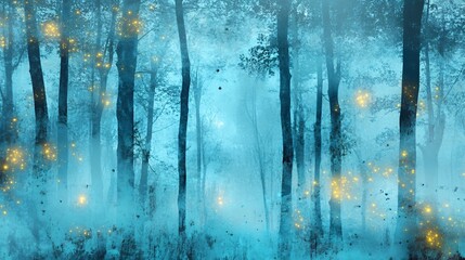 Enchanting Magical Foggy Forest with Artistic Fireflies Light