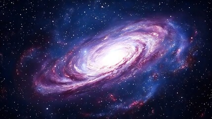 Stunning spiral galaxy swirls softly in vibrant purple and blue hues. AI Generated