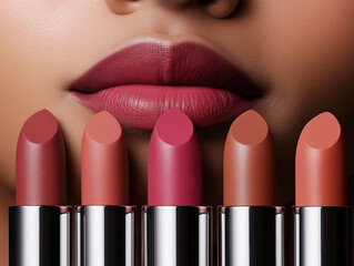 lipsticks of different colors on diverse skin tones in minimalist studio setting, clean and stylish presentation highlights inclusivity and versatility for beauty branding