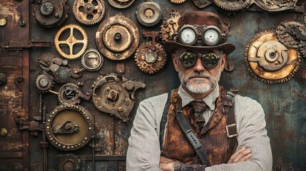 Steampunk Style Man with Various Mechanical Devices, Industrial Fantasy Fashion Concept