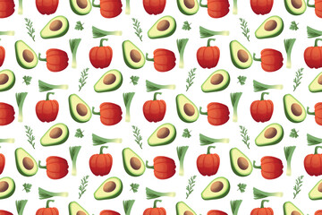 Seamless pattern with drawn vegetables. Pepper, avocado, leek, parsley. Vegan and healthy food. Farm organic products. Vector background.