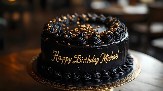 A black cake with gold decorations - Powered by Adobe