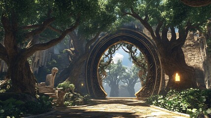 Enchanting Gateway to a Magical World Surrounded by Towering Living Trees
