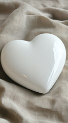 Fototapeta premium A white heart is sitting on a cloth. The heart is white and has a shiny surface. The cloth is a light color and has a pattern. The heart is the main focus of the image and it gives a sense of warmth