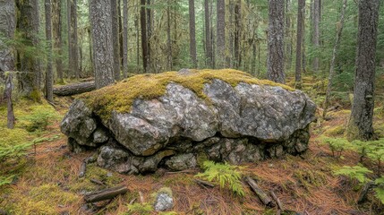 Obraz premium Moss-Covered Rock Surrounded by Lush Green Forest Landscape