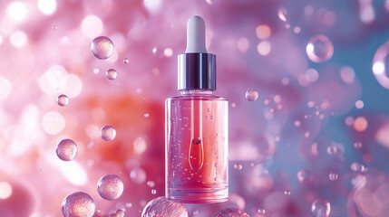 skincare serum bottle with glowing ingredients like collagen and hyaluronic acid floating around, light purple tones create luxurious and science-inspired aesthetic
