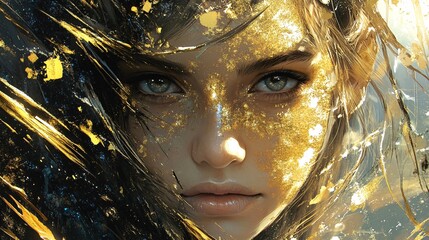Futuristic Woman with Bronzed Painted Skin and Golden Splatter