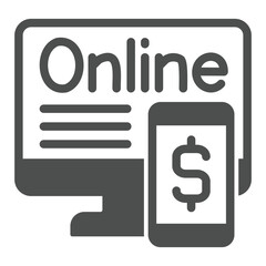 Monitor screen with online app solid icon, bank account concept. Vector graphics. Display and smartphone with dollar sign on white background, glyph style icon for mobile or web design.