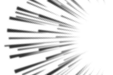 Black radial halftone comic book style action line isolated on transparent background. Speed abstract explosive polka, fast boom zoom, manga comics action design frame. Vector illustration © ptgregus