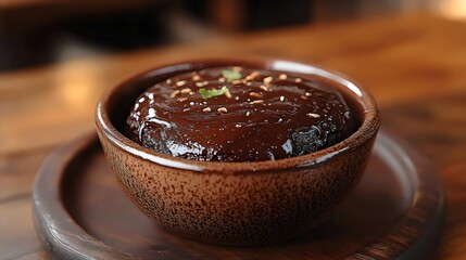 A bowl of chocolate sauce sits on a wooden tray