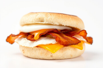 Delicious sandwich featuring a toasted English muffin, runny egg, melted cheese, and crispy bacon on a white background, perfect for breakfast or brunch.