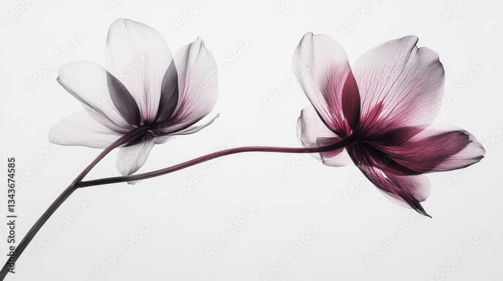 Poster two elegant flowers with translucent petals gracefully extend towards each other, their soft colors 