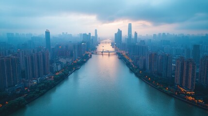 Fototapeta premium Aerial view of city river at dawn