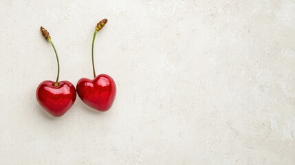 A graphic design featuring two cherries, connected as a heart-shaped twig