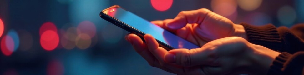 Small smartphone held closely in a hand with fingers wrapped around it tightly, closeup, close