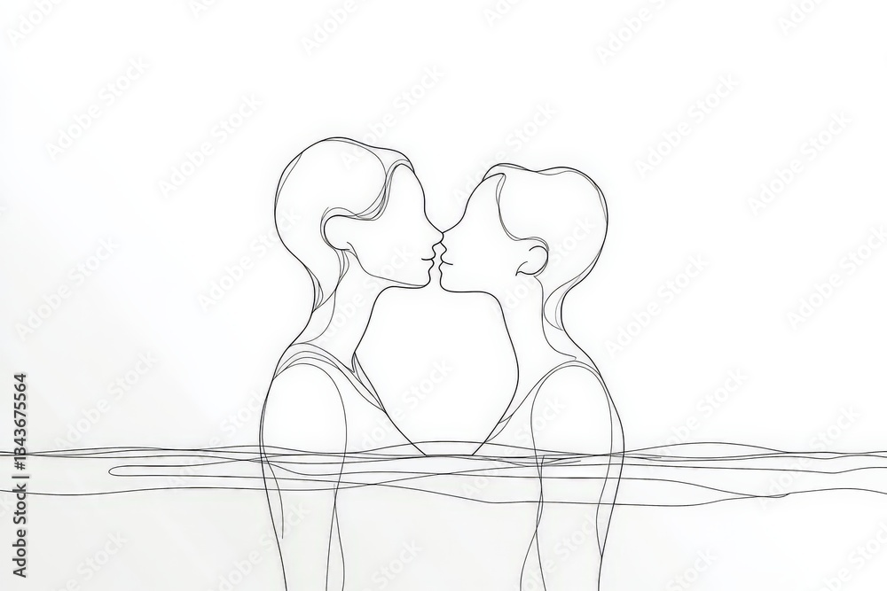 Poster two figures are depicted in a minimalist line art style, gently leaning toward each other above a wa